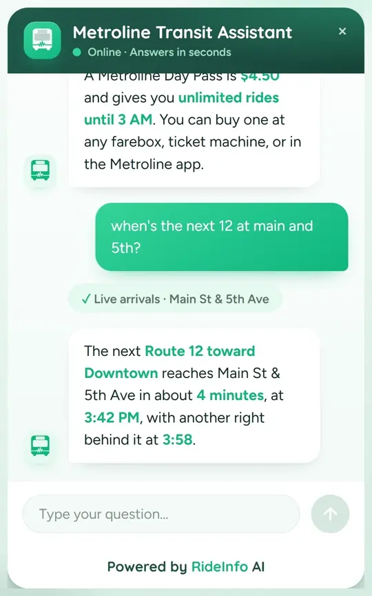The RideInfo chat widget answering a rider's questions about day-pass fares and the next Route 12 arrival