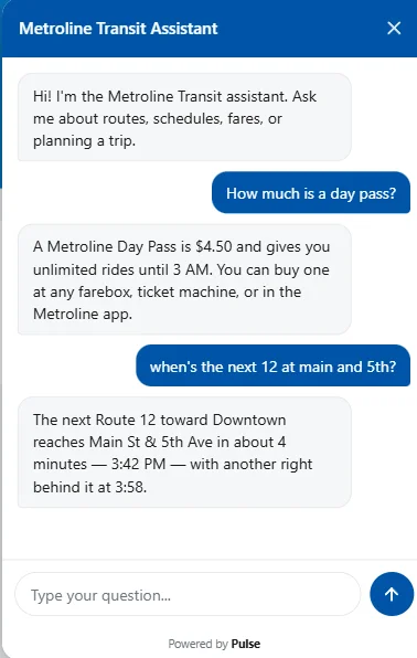 The RideInfo chat widget answering a rider's question about the next Route 12 arrival